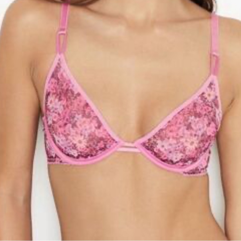 NWT Victoria's Secret Unlined Demi Floral Lace Underwire Pink Floral Bra | 34C